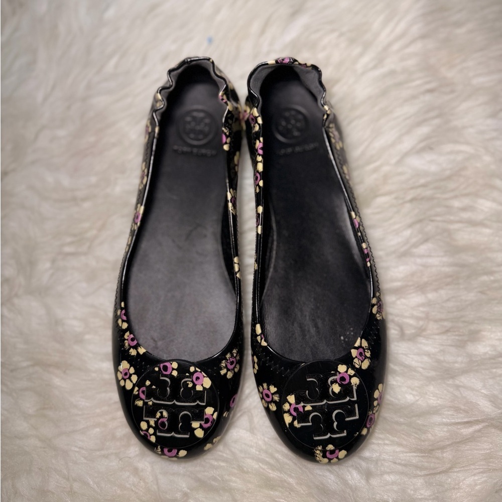 Tory Burch Black and Pink Floral Flats